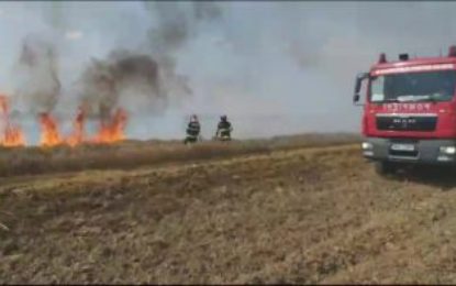 O combină agricolă și un lan de grâu au fost cuprinse de flăcări, pe un teren din comuna Gepiu